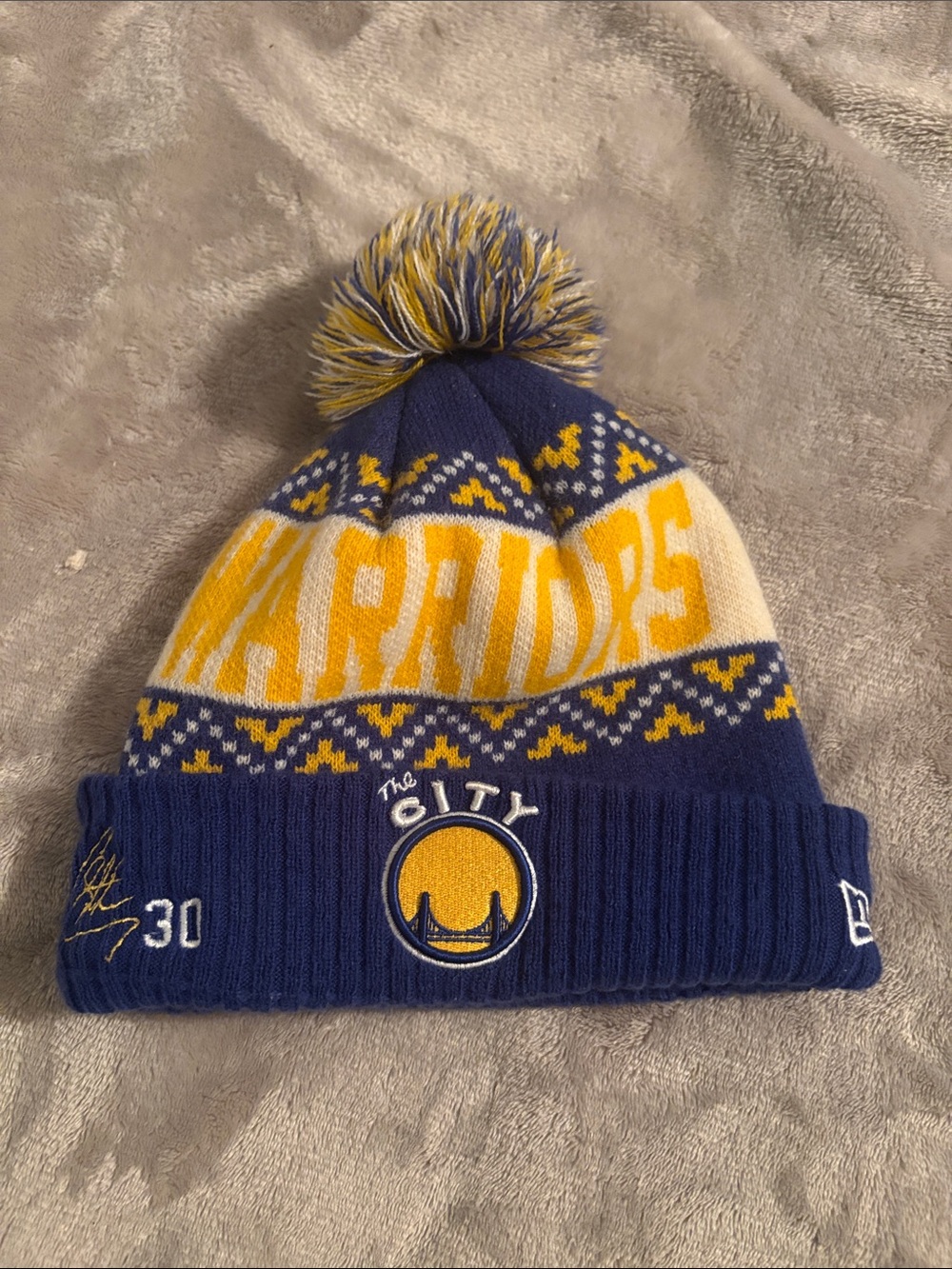 New Era Golden State Warriors Navy and Yellow Pom Beanie